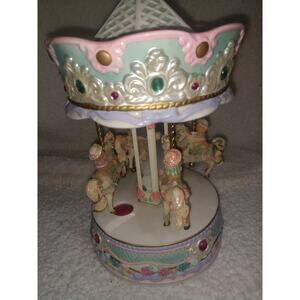 Rotating Carousel with Bears on Glitter Horses (10 inches tall)